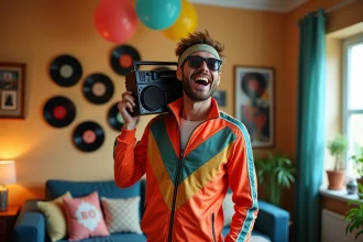 Homme souriant en tenue 80s ajustant un boombox dans un salon rétro