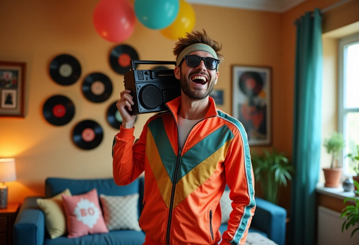 Homme souriant en tenue 80s ajustant un boombox dans un salon rétro