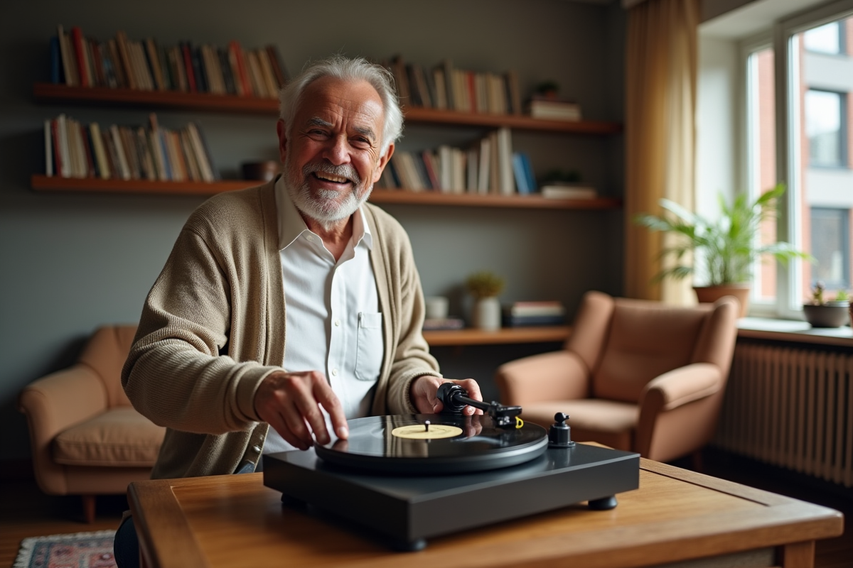 Homme souriant avec vinyle et platine dans un salon cosy