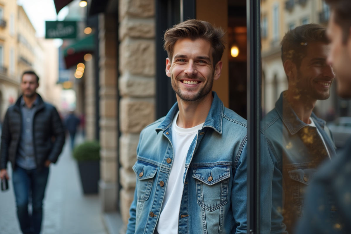 Homme vérifiant sa coupe de cheveux dans une vitrine urbaine