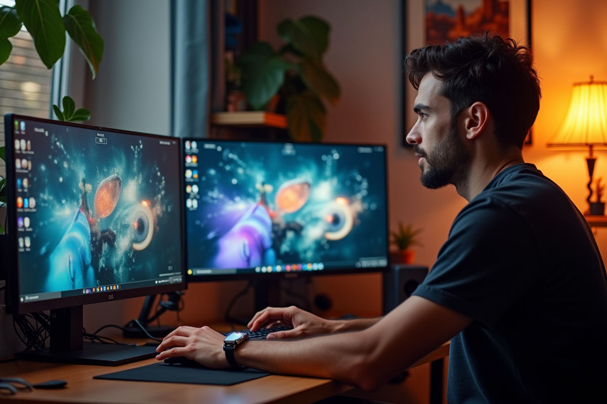 Influenceur en direct avec gadgets et écrans lumineux
