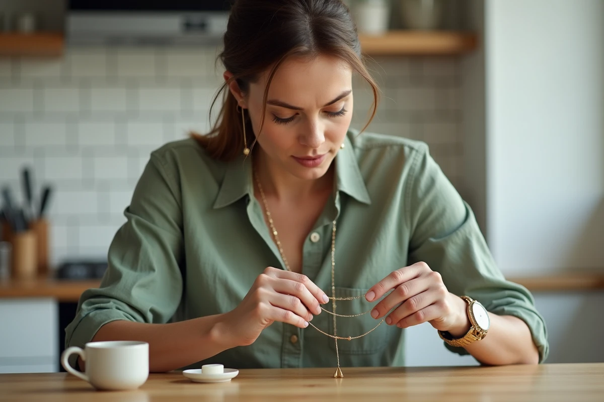 Femme inspectant le fermoir d'un collier choker doré avant nettoyage dans une cuisine moderne