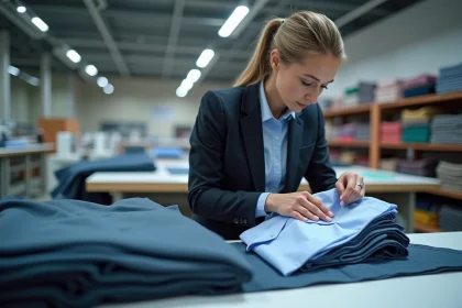 Inspectrice textile examinant des chemises dans une usine moderne