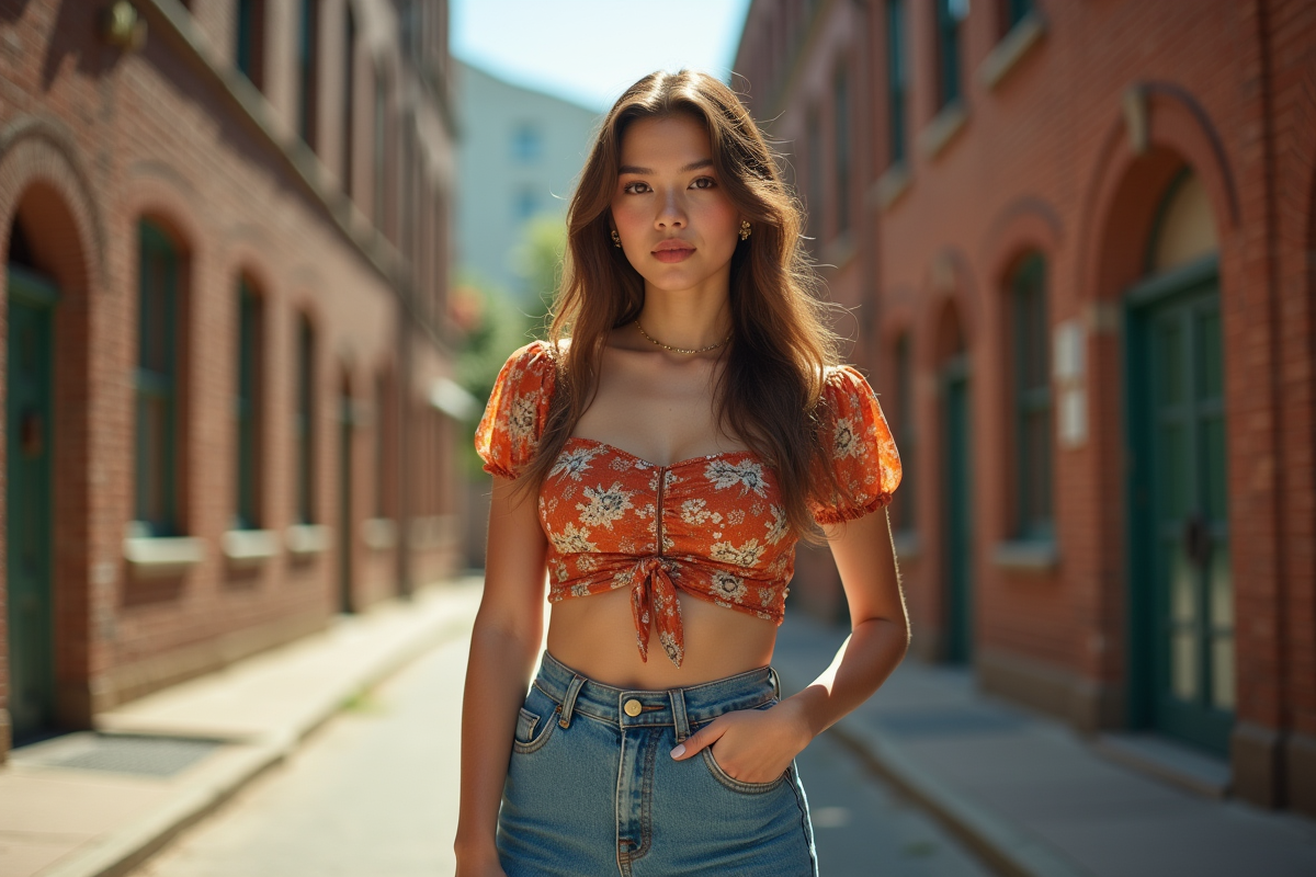 Jeune femme en jeans flare et blouse fleurie en ville