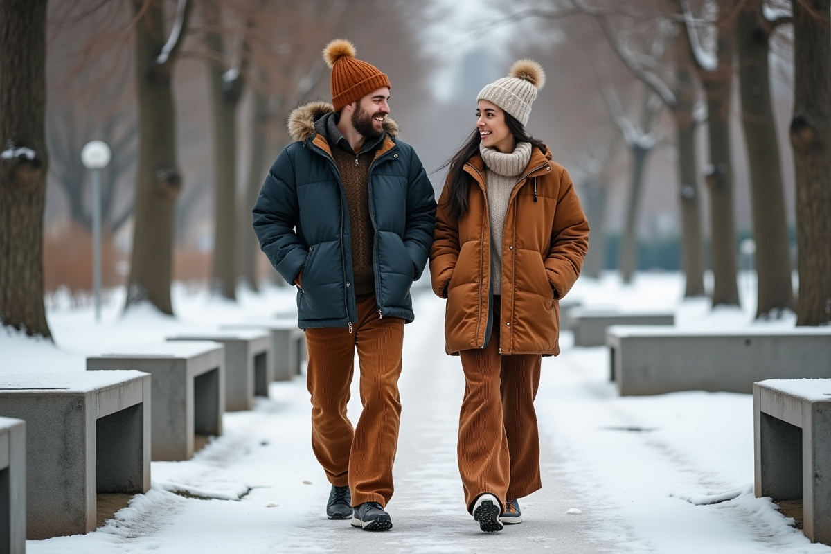 Jeune couple souriant dans un parc urbain en hiver