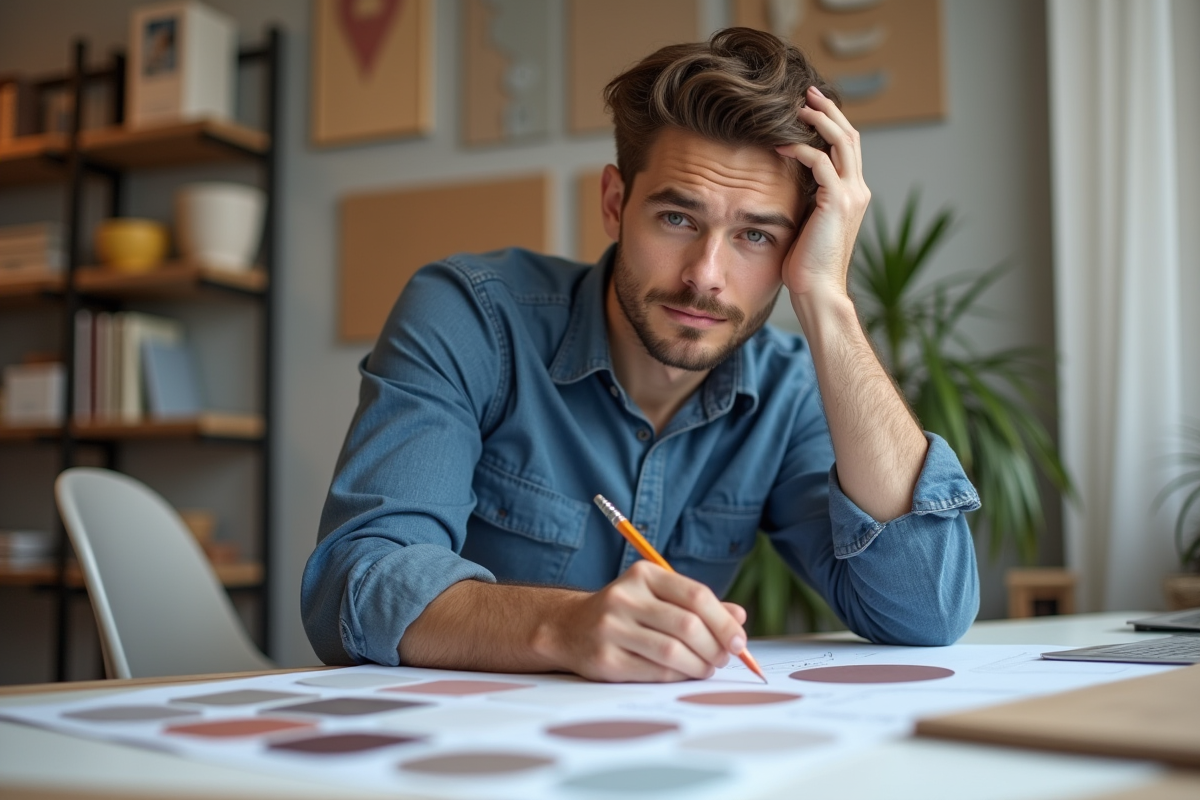 Jeune designer intérieur esquissant avec des échantillons de couleur mauve