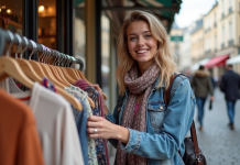 Jeune femme souriante dans une boutique parisienne