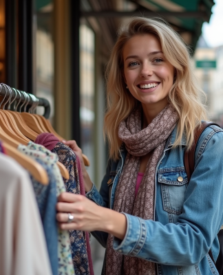 Jeune femme souriante dans une boutique parisienne