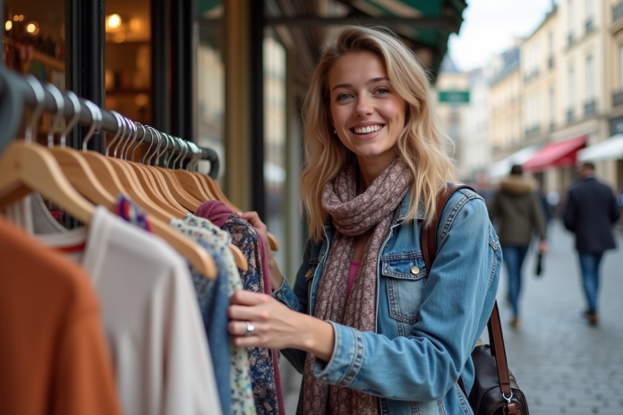 jeune-femme-boutique-paris Jeune femme souriante dans une boutique parisienne