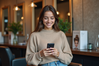 Jeune femme souriante montrant sa coiffure papillon