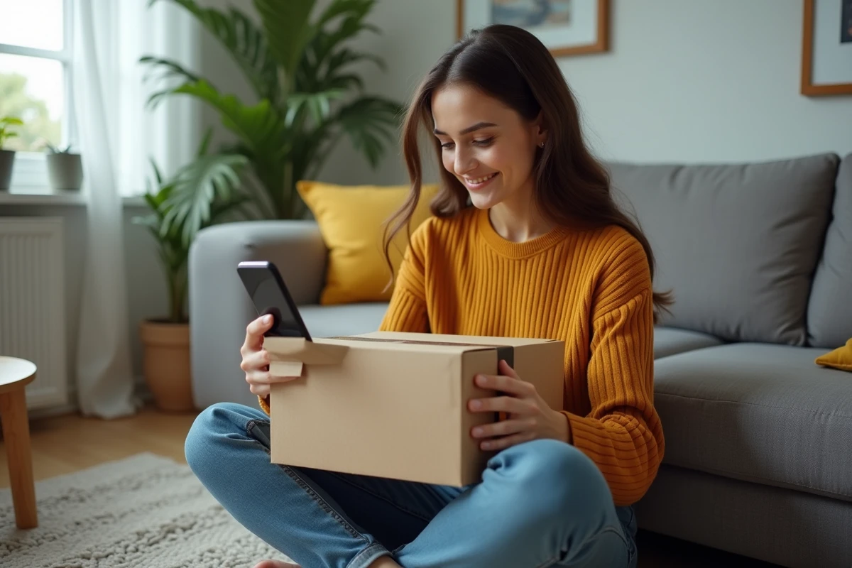 Jeune femme déballant une commande Thebradery reçue à domicile avec confirmation sur smartphone