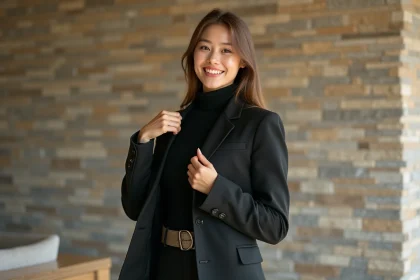 Jeune femme élégante en tailleur devant un mur en pierre