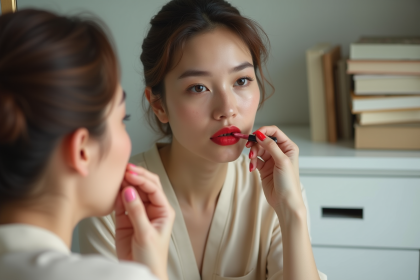 Jeune femme appliquant rouge à lèvres rouge naturel