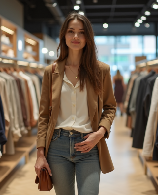 Jeune femme en shopping dans un outlet de mode