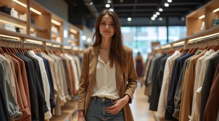 Jeune femme en shopping dans un outlet de mode