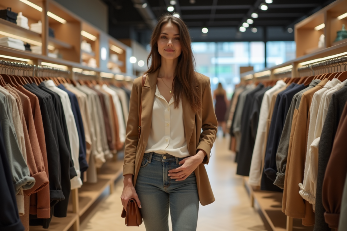 jeune-femme-shopping-outlet Jeune femme en shopping dans un outlet de mode