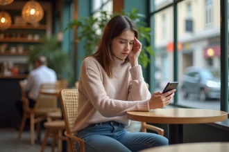 Jeune femme en café regardant son smartphone avec souci