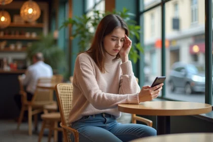Jeune femme en caf&eacute; regardant son smartphone avec souci