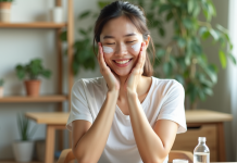 Jeune femme appliquant une creme naturelle sur le visage