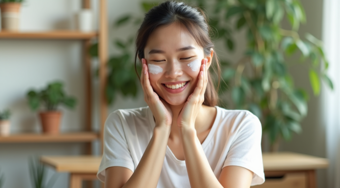 Jeune femme appliquant une creme naturelle sur le visage
