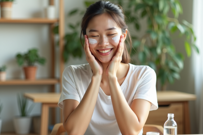 Jeune femme appliquant une creme naturelle sur le visage