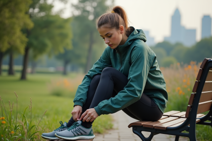 Jeune femme en tenue de sport dans un parc urbain