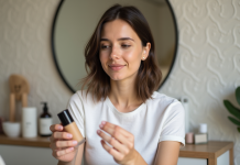 Jeune femme examine la liste d'ingrédients d'une fondation crueltyfree