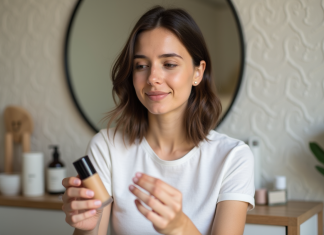 Maquillage : Composition et utilisation des produits, cruelty-free ? Jeune femme examine la liste d'ingrédients d'une fondation crueltyfree