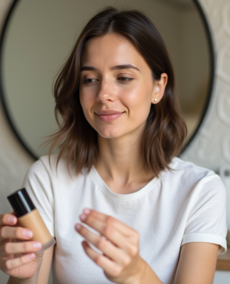 Jeune femme examine la liste d'ingrédients d'une fondation crueltyfree