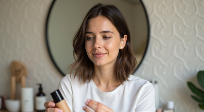 Jeune femme examine la liste d'ingrédients d'une fondation crueltyfree