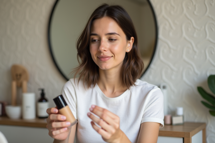 jeune-femme-verifiant-ingredients-fondation Jeune femme examine la liste d'ingrédients d'une fondation crueltyfree