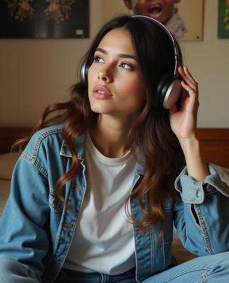 Jeune femme en denim écouteurs vintage dans une chambre chaleureuse
