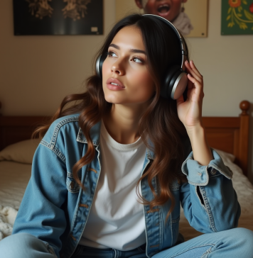 Hit le plus grand de tous les temps : découvrez la chanson incontournable Jeune femme en denim écouteurs vintage dans une chambre chaleureuse