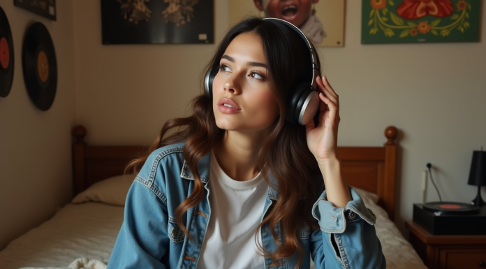 Jeune femme en denim écouteurs vintage dans une chambre chaleureuse