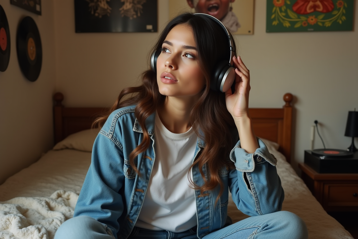 Jeune femme en denim écouteurs vintage dans une chambre chaleureuse