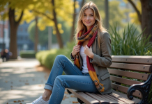 Jeune femme en jeans et blazer dans un parc urbain