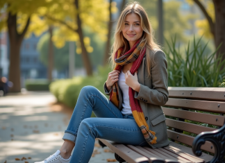 Budget mode : Comment bien s’habiller sans se ruiner ? Jeune femme en jeans et blazer dans un parc urbain