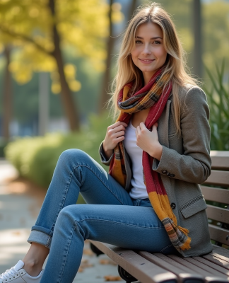 Jeune femme en jeans et blazer dans un parc urbain