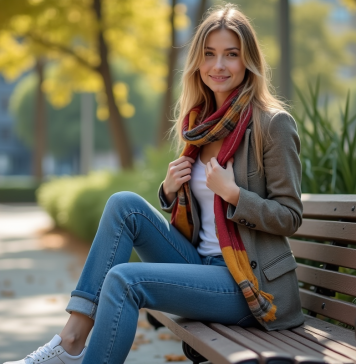 Budget mode : Comment bien s’habiller sans se ruiner ? Jeune femme en jeans et blazer dans un parc urbain