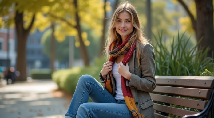 Jeune femme en jeans et blazer dans un parc urbain
