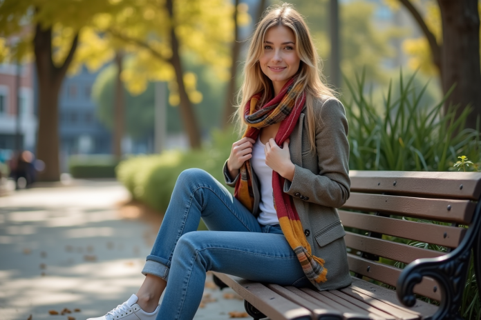 jeune-femme-vintage-parc Jeune femme en jeans et blazer dans un parc urbain