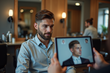 Jeune homme regarde une application de coiffure sur tablette dans un salon moderne