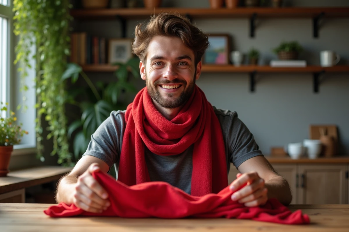 Jeune homme inspectant un foulard polyester rouge dans la cuisine