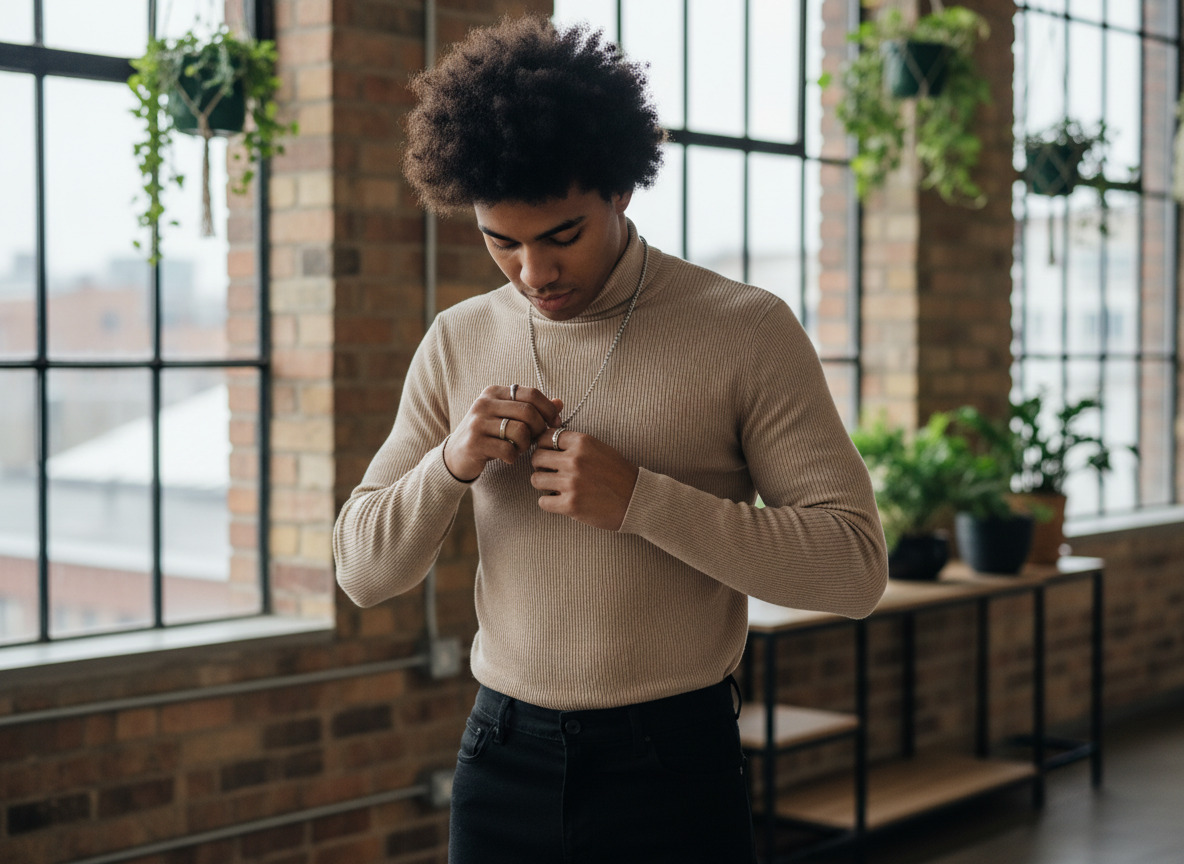 Jeune homme portant collier dans un loft moderne