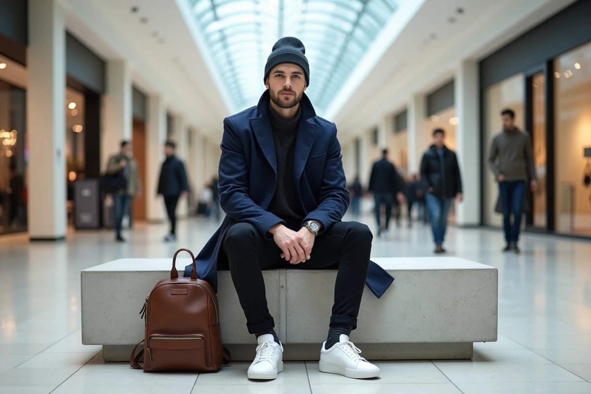 Jeune homme en trench dans un centre commercial lumineux