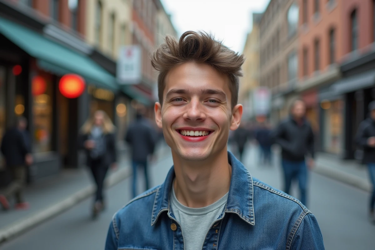 Jeune homme souriant dans la rue urbaine