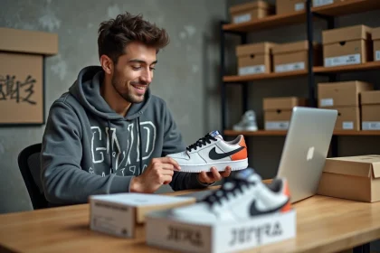 Jeune homme triant des sneakers en boîte dans un appartement lumineux