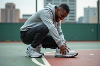 Jeune homme en sneakers dans un terrain de basket urbain