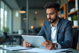 Jeune homme dafriche du Nord en tenue smartcasual dans un bureau moderne