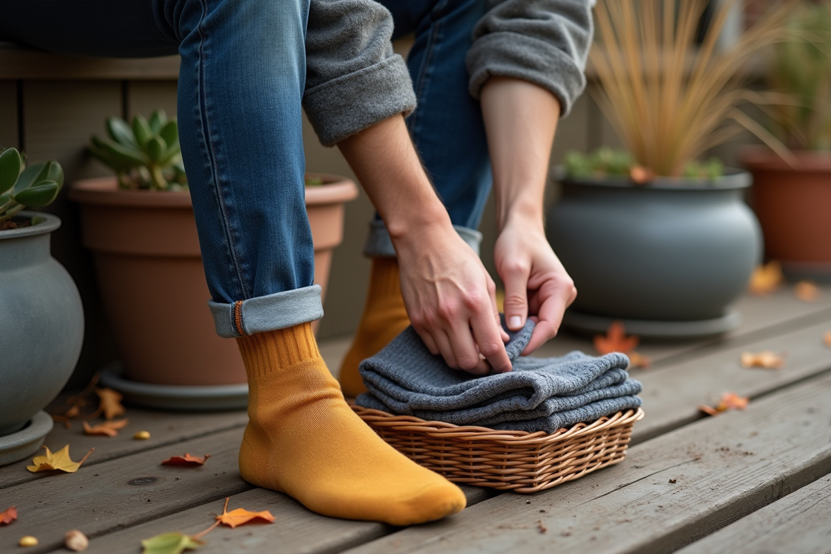 Jeune homme choisissant des chaussettes piloupilou dehors